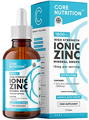 Ionic Zinc Liquid Drops - 60ml Glass Bottle - 120 Servings - High Strength 15mg - Supports Metabolism & Healthy Immune System - Made by Core Nutrition