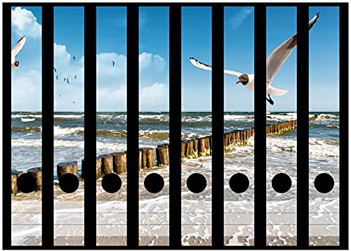 Wallario Ordnerrücken Sticker Fliegende Möwe am Strand - Größe 8 Stück, Rückenschilder für 8 schmale Ordner, Klebeetiketten