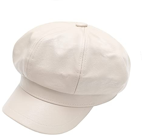ZLYC Unisex PU Leder Ballonmütze Schirmmütze Retro Klassisch Achteck Kappe Winter Baskenmützen(Cremeweiß)