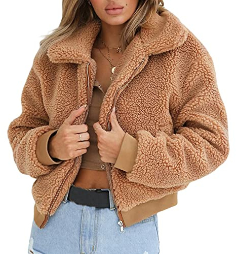 FeMereina Women's Coat Fleece Jacket Sherpa Fuzzy Faux Shearling Lapel Zipper Casual Winter Warm Oversized Outwear