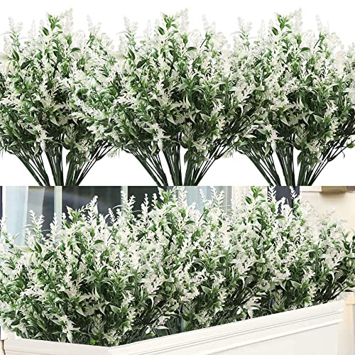 Homcomodar Konstgjorda blommor, UV-resistenta utomhusväxter, 12 bunter, falsk plast, lavendel, utomhusväxt, buske falska buskar för trädgård, gård, hylla, hängande dekoration (vit)