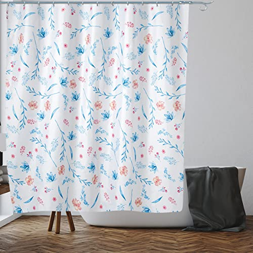 VIROSA Blue/Pink Floral Shower Curtain for Bathroom Anti Mould, Mildew Resistant | Size 180x180 cm (71 x 71 Inch) | Water Repellent Fabric | 100% Polyester