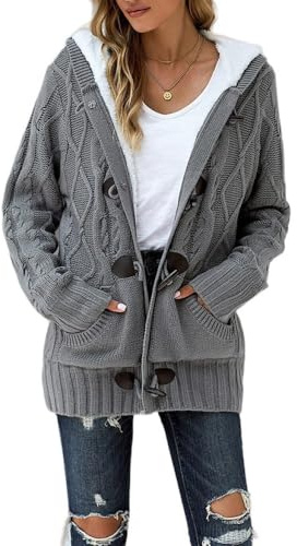 Cardigan da Donna con Cappuccio Grosso, Grigio Cardigan Lavorato A Maglia Foderato in Pile A Trecce Fibbia Anteriore Aperta in Corno Cappotto Maglione da Donna Giacca Calda Invernale Maglioni Lavora