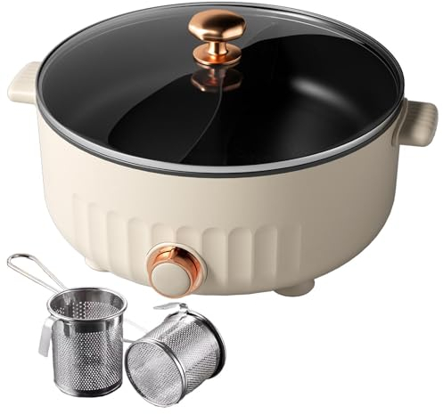 ARTSIM Appareil Fondue Chinoise, Feu à Trois Vitesses Appareil Fondue Chinoise Electrique IdéAl pour Les RéUnions De Famille (avec 2 Filets Non éTanches),White