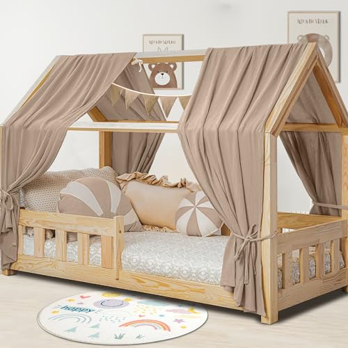 Hausbett Himmel Deko Set, Betthimmel Hausbett aus Musselin - 2 Betthimmel & 1 Wimpelkette, für Jungen Mädchen Deko für Kinderzimmer, Baldachin Kinderzimmer Deko I 67 x 270cm Hellgrau