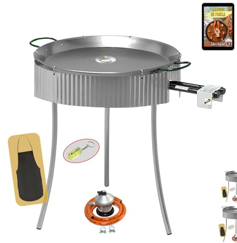 COMBOI Paellero gas butano 50 cm, paellera 60 cm, kit bruciatore, regolatore, tubo, treppiedi, paravento, livello, grembiule, libro ricette digitale ( )