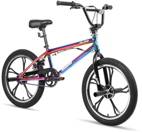 Hiland 20 Zoll 5 Speichen Kinder BMX Fahrrad für Jungen Mädchen ab 7-13 Jahre alt, 360 Grad Rotor Freestyle, 4 Pegs Kinder BMX Fahrrad, Regenbogen
