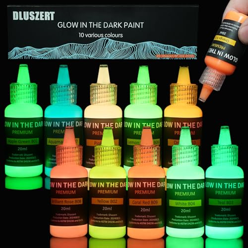 Dluszert Nachtleuchtende Farben 10x20ml, Fluoreszierende Leuchtfarben, Acryl Glow in The Dark Farbe für Effekt im Dunkeln, Schwarzlicht für Halloween- und Weihnachtsdekoration Malerei DIY