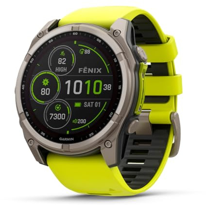 Garmin fēnix® 8 – 51 mm, Solar, AMOLED, Sapphire, Premium Multisport GPS Smartwatch, Long-Lasting Battery Life, Dive-Rated, Built-in LED Flashlight, Titanium with Amp Yellow/Graphite Band