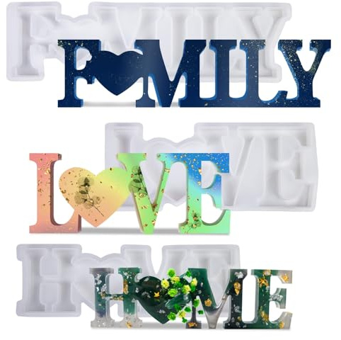 Lot de 3 moules en résine époxy - Lettres de l'alphabet - Kit de moulage en silicone 3D - Love Home Family Live - Pour bijoux DIY, décoration de maison et décoration de table