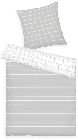 TOM TAILOR Ropa de Cama de 80 x 80 cm + 135 x 200 cm, 100% algodón/Renforcé, con diseño Reversible y Cremallera de Marca de Colores, Check & Stripes Gris, Blanco (Light Grey & Crisp White)