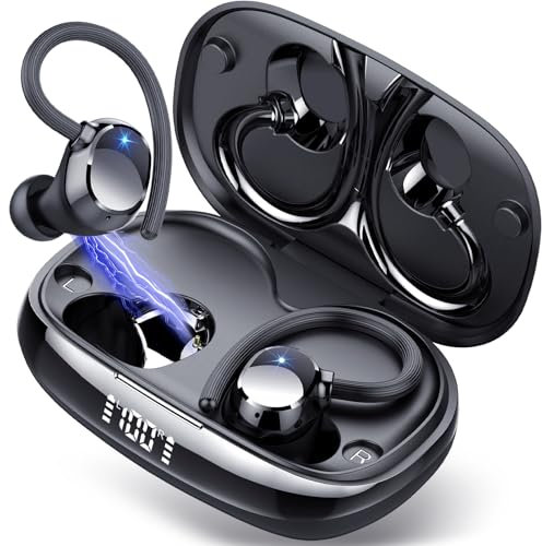 Tukio Auriculares Inalámbricos Deportivos, Bluetooth 5.3 con 4 HD Mic, HiFi Estéreo Cascos Inalambricos, Auriculares in Ear Running con Gancho, 80H/LED Reducción de Ruido Cascos, IP7 Impermeable