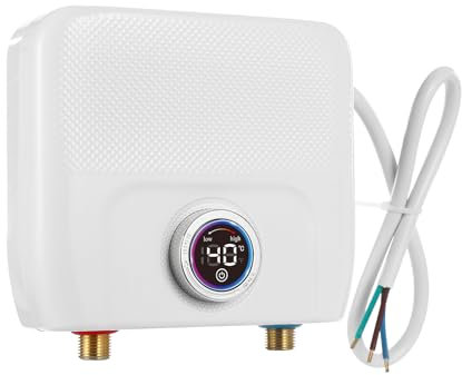 MEHOOSPVN 6500W Warmwasserspeicher Boiler 1-5L/min Warmwasserboiler Untertischgerät Kleinspeicher Elektrisch Druckfester Untertisch 30~55℃ Temperatur Einstellbarer Durchlauferhitzer 22*6.7*19cm Weiß