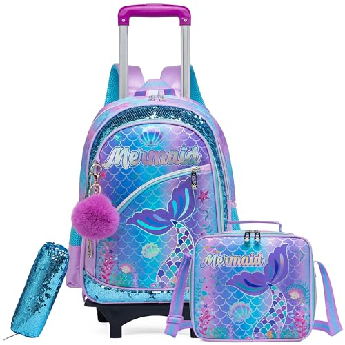 HTgroce Zaino Trolley Per Bambina, Set di 3 pezzi Zaino Trolley Ragazze Scuola Elementare Sirena Zainetto con Ruote Borsa Pranzo e Astuccio
