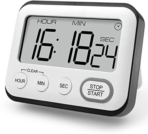 Timer da cucina multifunzionale con ampio display LCD a grandi cifre, Digitale Contaminuti da Cucina Cronometro Digitale con Funzione Orologio, Sveglia
