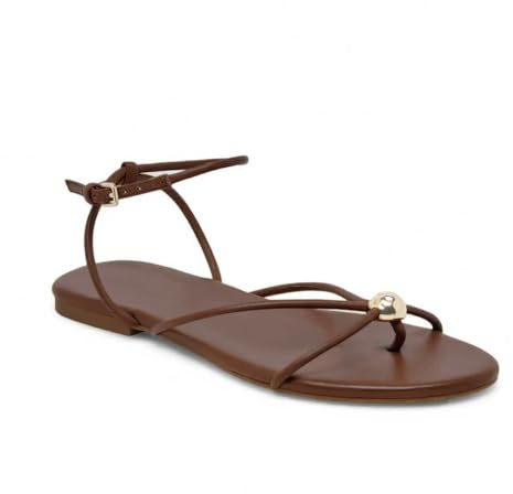 XBKXMK Chocolate Strappy Flat Sandals for Women Comfortable Open Round Toe Slingback Sandals Dressy Beach Thong Flip Flop Slides