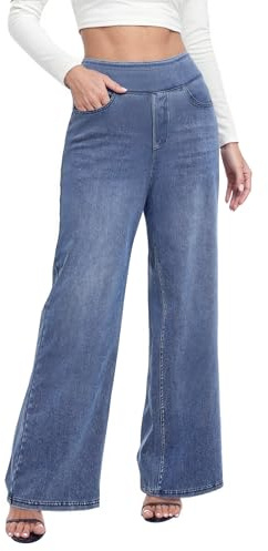 TONIRY Wide Leg Jeans for Women Pull on High Waisted Stretchy Blue Jean Woman Straight Leg Tummy Control Stretch Pants 29 Inseam Tall Long High Rise Pant Fashion, Blue, L