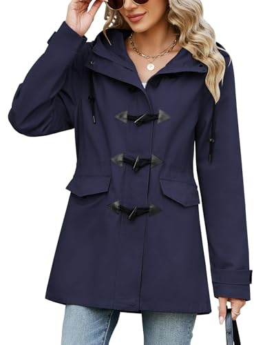 Yuson Girl Chaqueta Mujer Primavera Ligero Chaqueta de Entretiempo Casual Abrigo de Algodón con Capucha Cortavientos Parka Exteriores Cremallera Cazadora con Botones de Cuerno(Azul marino, M)