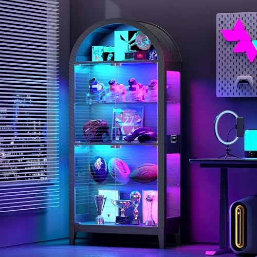 Gurexl 175 CM RGB Arco Vitrinas de Cristal con Luces Dinámicas y Sensor,Librerías y Vinotecas con 2 Ajustables Estantes,Vitrina para Colecciones 5 Capas para Salón,Dormitorio,Sala de Juegos,Negro