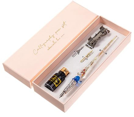 Dioche Detta Vintage Set med Dopppennor i Glas Innehåller en Klassisk Penna och Bläckpatron, två Spetsar och en pennhållare. Perfekt för Handstil, Det är den Perfekta Presenten Till Studenter,