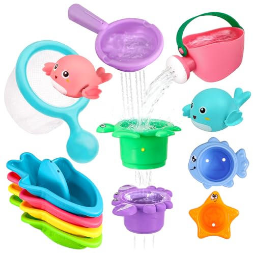 13 Pcs Baby Bath Toys for 1 2 3 4 Years, Mould Free Toddler Bath Toys | Water Play Swimming Pool Toys with Watering Can Bath Boats Bath Cups Bath Jug Water Wheel for Boys Girls