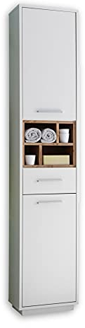 MILANO Badezimmer Hochschrank in Wildeiche Optik, Weiß Hochglanz - Badezimmerschrank Bad Schrank mit viel Stauraum - 38 x 190 x 30 cm (B/H/T)