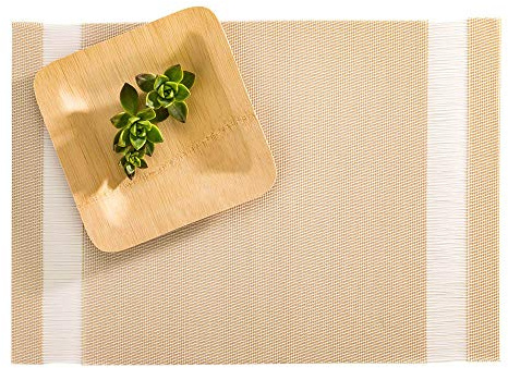 Restaurantware-Artisan Stripe 16 x 12 Inch Outdoor Placemats, Set Of 6 Woven Patio Placemats - Heat-Resistant, Stain-Resistant, Cream With White Stripes Vinyl Underplate Mats, Waterproof