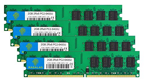 Rasalas DDR2 800 PC2-6400 8GB DDR2 Kit (4x2GB) DDR2-800 Udimm 2GB DDR2 Ram 2RX8 1.8V CL6 Non-ECC Unbuffered Desktop RAM Memory Modules