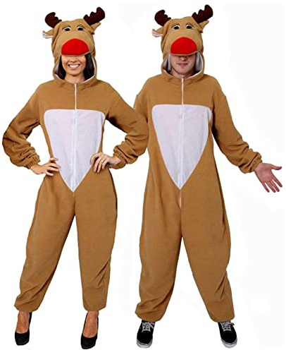 Adults Reindeer Costume - Small - Fleece Jumpsuit With Attached Reindeer Hood - Xmas Outfit Rudolph Santa's Helper Rudolph Reindeer Christmas Fancy Dress Onesie