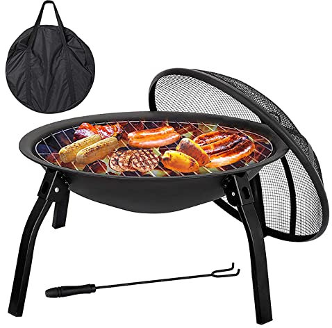 Pozo de fuego para exterior al aire libre quema de madera pequeño - Tazón de hoguera parrilla de barbacoa con cubierta de pantalla de chispa y atizador - para patio trasero, camping, picnic, jardín