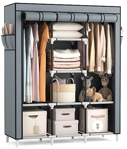 VTRIN Portable Closet Wardrobe for Hanging Clothes with 2 Hanging Rods and 8 Storage Organizer Shelves,Sturdy Large Wardrobe Closet for Bedroom Free Standing Clothes Rack with Cover,Grey