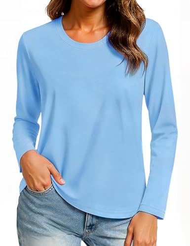 TACVASEN Ladies Tee Shirts Casual Long Sleeve Cotton Tshirts Autumn Clothing Women Work Tops for Women UK, Waterfall Blue, M