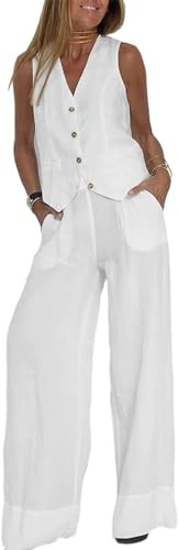 HUANGJB Abiti da donna Set da 2 pezzi con scollo a V senza maniche con bottoni gilet a gamba larga pantaloni a 2 pezzi blazer completo estivo in lino set abbinati, bianco, XL