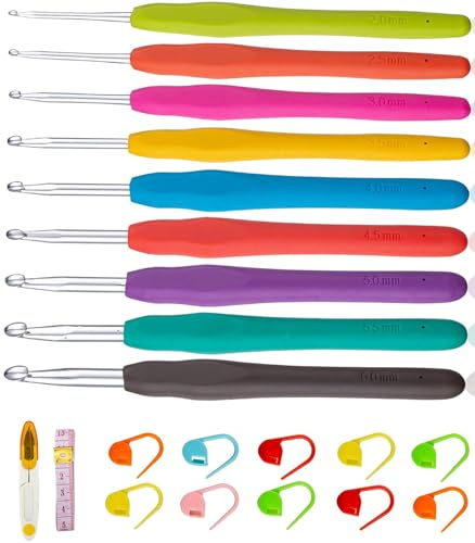 Rayead Häkelnadel Set Ergonomisch mit Maschenmarkierer Ringe Offen, 9 Stück Häkelnadeln 2-6mm Gummi Ergonomische Crochet Hook Verschiedene Größen Häckelnadel Gummigriff, Multicolor