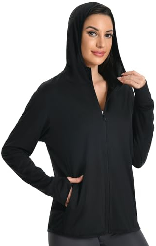 Felpa Donna con Zip e Cappuccio, Protezione Solare UV UPF50+, Manica Lunga Giacca Sportiva Leggera Sun Hoodie con Tasche (Nero, XXL)