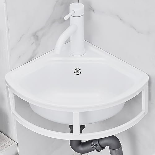 Modern Design Bathroom Wash Basin, Corner Wall-Mounted White Sink Stainless Steel Kitchen Sink, Mini Triangle Washbasin Semicircle Bathroom Sink with Faucet