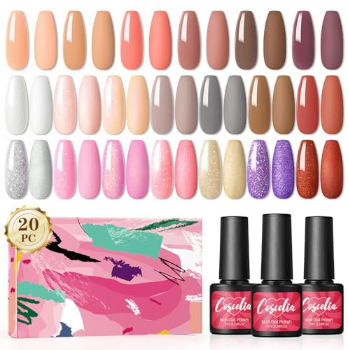 COSCELIA Smalto Semipermanente Unghie Set, 20 Colori Semipermanente Unghie Nail Polish Gel Smalti Semipermanenti per Unghies Starter Set Nude Rosa Bianco Rosa Marrone per Manicure DIY