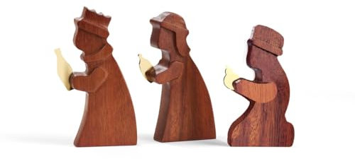 Nambe Holiday Nativity Three Wise Men Set - Designed by Alvaro Uribe, Gold-Plated Accents and Gift-Bearing Figures - Religious Christmas Décor, Acacia Wood Display - Includes 3 Kings in Assorted Sizes
