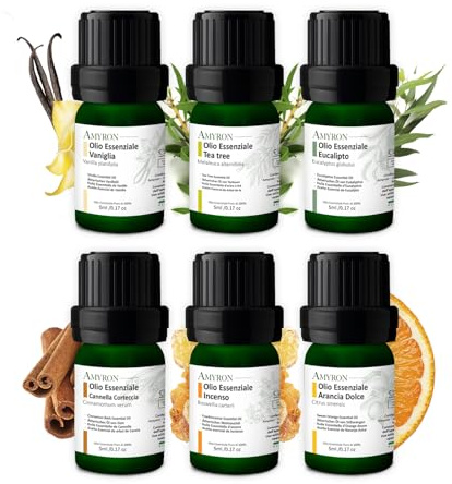 Set di Oli Essenziali AMYRON – Naturali E Puri AL 100% – Ideale Per Aromaterapia – Incenso – Vaniglia – Eucalipto – Arancia Dolce – Tea Tree – Cannella Corteccia.
