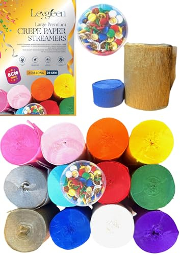 Extra Large Premium Crepe Paper Streamers – 12 Bright Colours with 100 Coloured Drawing Pins | 8cm x 25m Long Crepe Paper Rolls | Water Resistant Party Decorations for Birthday, Baby Shower & More