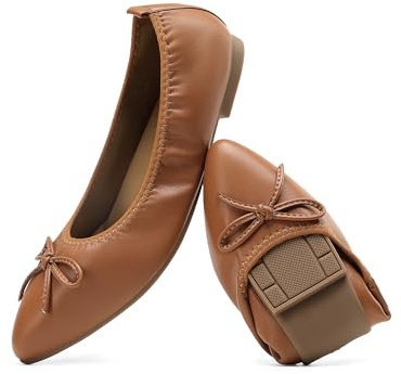DREAM PAIRS Ballerine da donna pieghevoli, a punta, con fiocco, comode, senza lacci, Marrone, 9