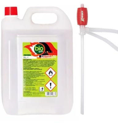 Bioetanolo combustibile stufe Bio Sprint 5 litri 99,9% inodore no fumo naturale no zolfo, Plastica, Rosso + Pompa Manuale Omaggio