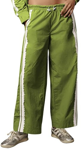 MINSURE Women Baggy Track Pants Lace Side Stripe Drawstring Elastic Waist Wide Leg Parachute Pants with Pockets(Green-S)