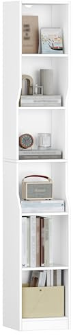 HEXCELEN Bibliothèque, Étagère à 6 Niveaux, Bibliothèque Étroite, Etagère Cube, Meuble de Rangement Livres, pour Bureau, Salon, Chambre, 28 × 30 × 181 cm, Style Moderne, Blanc