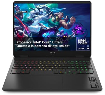 HP OMEN 16-an0000sl Notebook, Intel Core Ultra 9 285H, Copilot+ PC, 32GB RAM, 1TB SSD, Display 16 2K Antiriflesso IPS 165Hz, NVIDIA GeForce RTX 5070 8GB, Webcam IR TNR 1080p, Windows 11, Nero