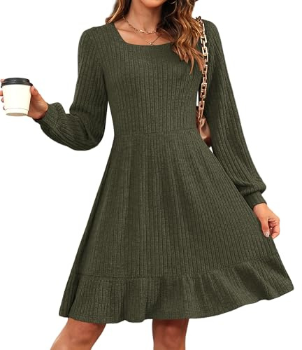 AUSELILY Jumper Dress for Women UK Autumn Winter Knitted Elegant Dress Long Sleeve Sweater Dresses Army Green