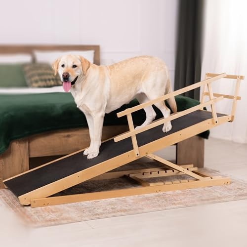 Rampa para Perros Cama con Rieles de Seguridad para Perros Grandes – para Camas Altas de hasta 94,5 cm – Soporta hasta 90 kg – Ancho 49,5 cm – Plegable, Antideslizante – Madera de Abedul – Natural