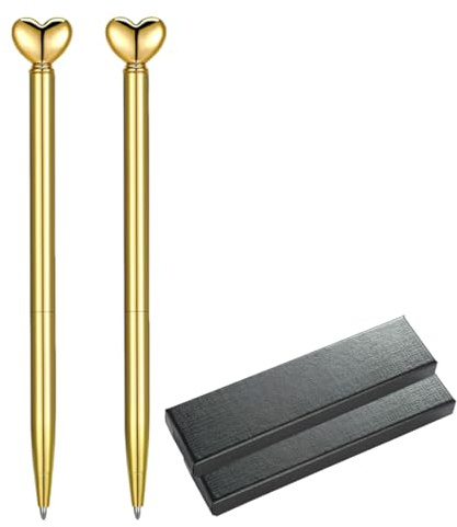 BEPSYOM 2 Bolígrafos Decorativos con Forma de Corazón Retráctiles de Metal Tinta Negra Elegantes para Mujeres Escuela Oficina Bodas Fiesta de Novia Baby Shower (Oro) con Estuche