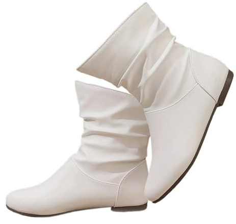 White Women's Slouchy Leather Ankle Boots,Low Heel Booties Outdoor Comfy Casual Waterproof Classic Winter Riding Boots Vintage Round Toe Slip On Mid Calf Fashion Comfortable Walking Shoes