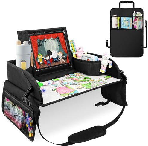 Adiwo Mesa Coche Niños, Bandeja para las Rodillas para Niños Bandeja Coche Tablero Impermeable, Mesa para en la Asiento de Coche Mesa de Viaje para Juego, con Protector Asiento Coche Respaldo